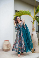 Digital Printed Chinon Silk Suit Set with Organza Dupatta